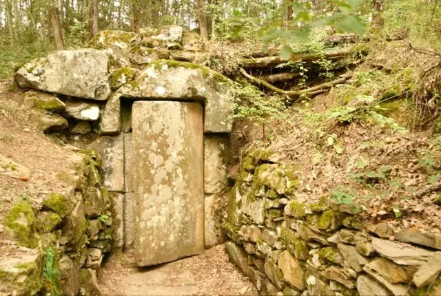 The stone entrance door to an Etruscan tomb