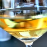 A wine glass full of Trebbiano Spoletino, a white wine from Umbria