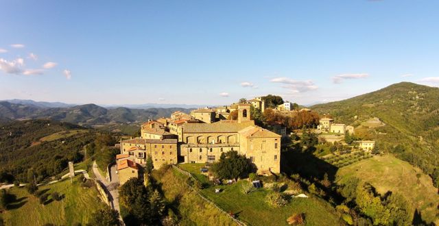 An aerial view of the hill top village of Preggio in Umbria